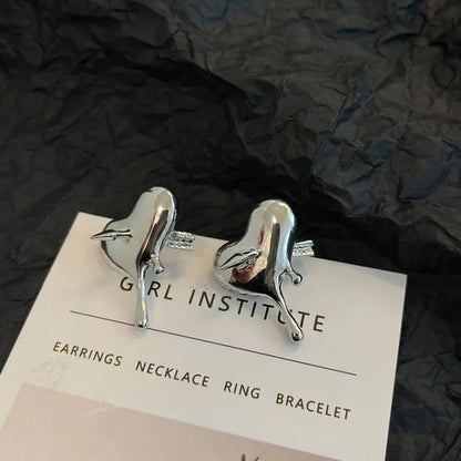 Silver Metal Piercing Heart Cupid's Arrow Stud Earrings for Women - DropShp