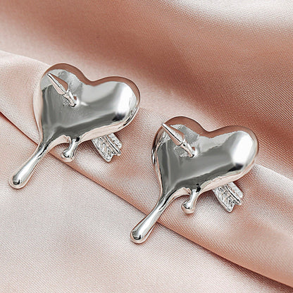 Silver Metal Piercing Heart Cupid's Arrow Stud Earrings for Women - DropShp