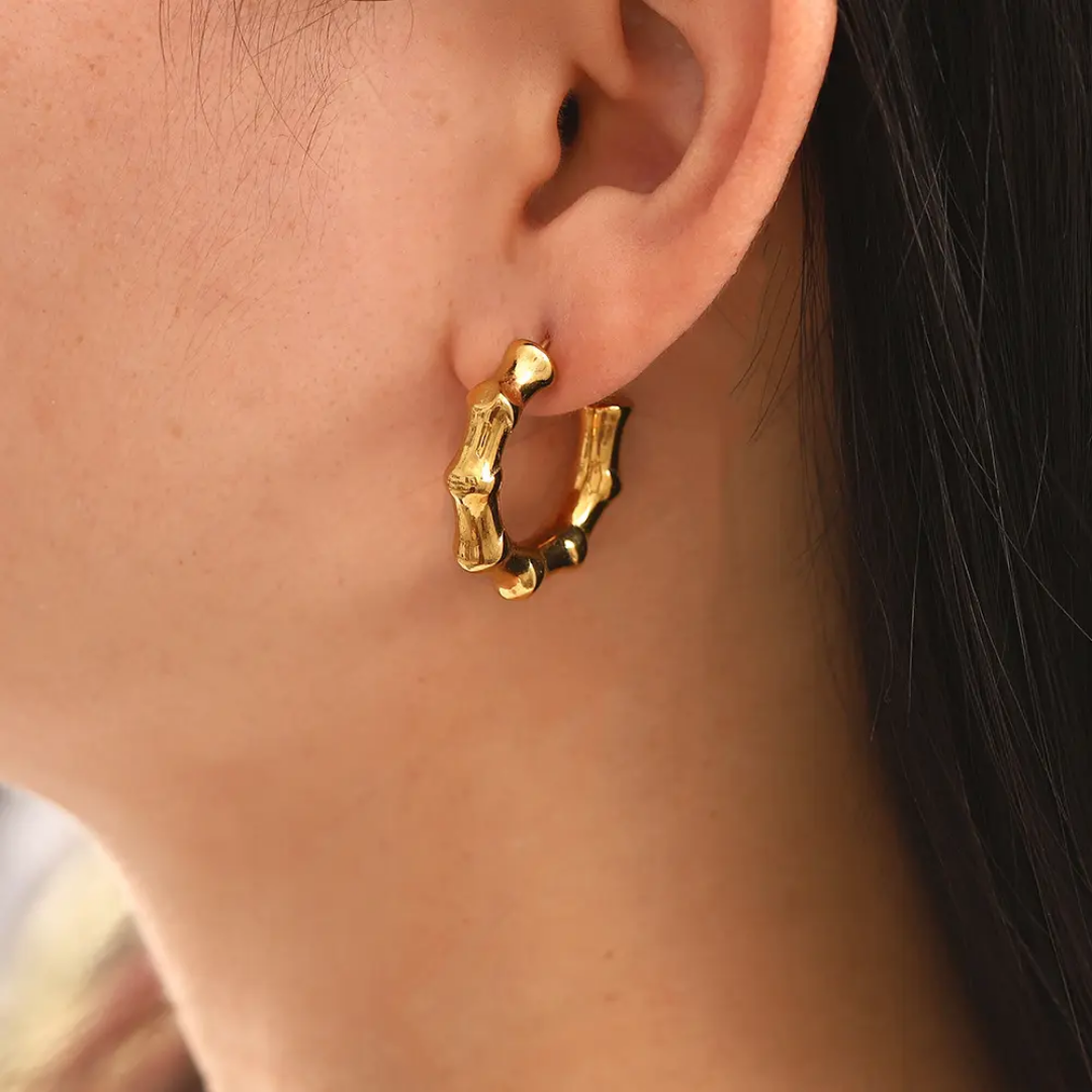 Gold Plated Chunky Bamboo Hoop Earrings - DropShp