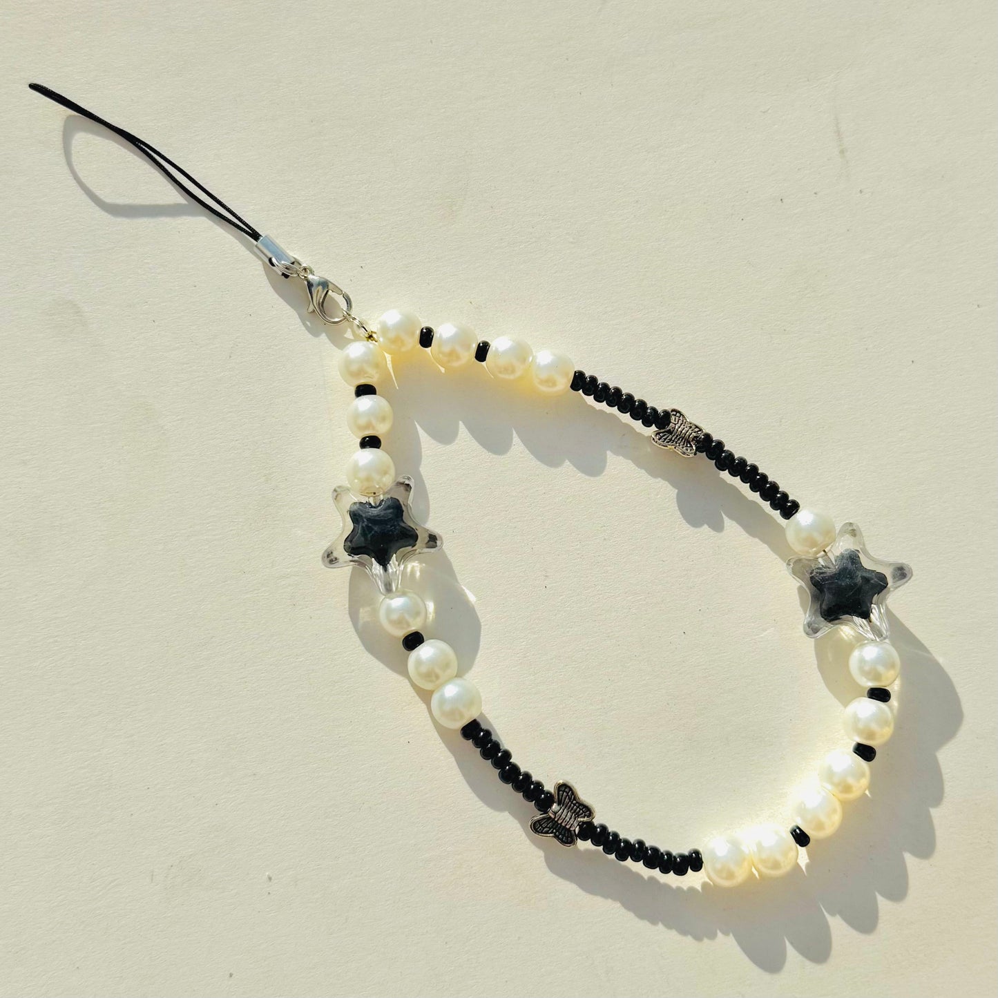Cute Black Glass Stone Beads Phone Charm Strap With Star Charms - DropShp