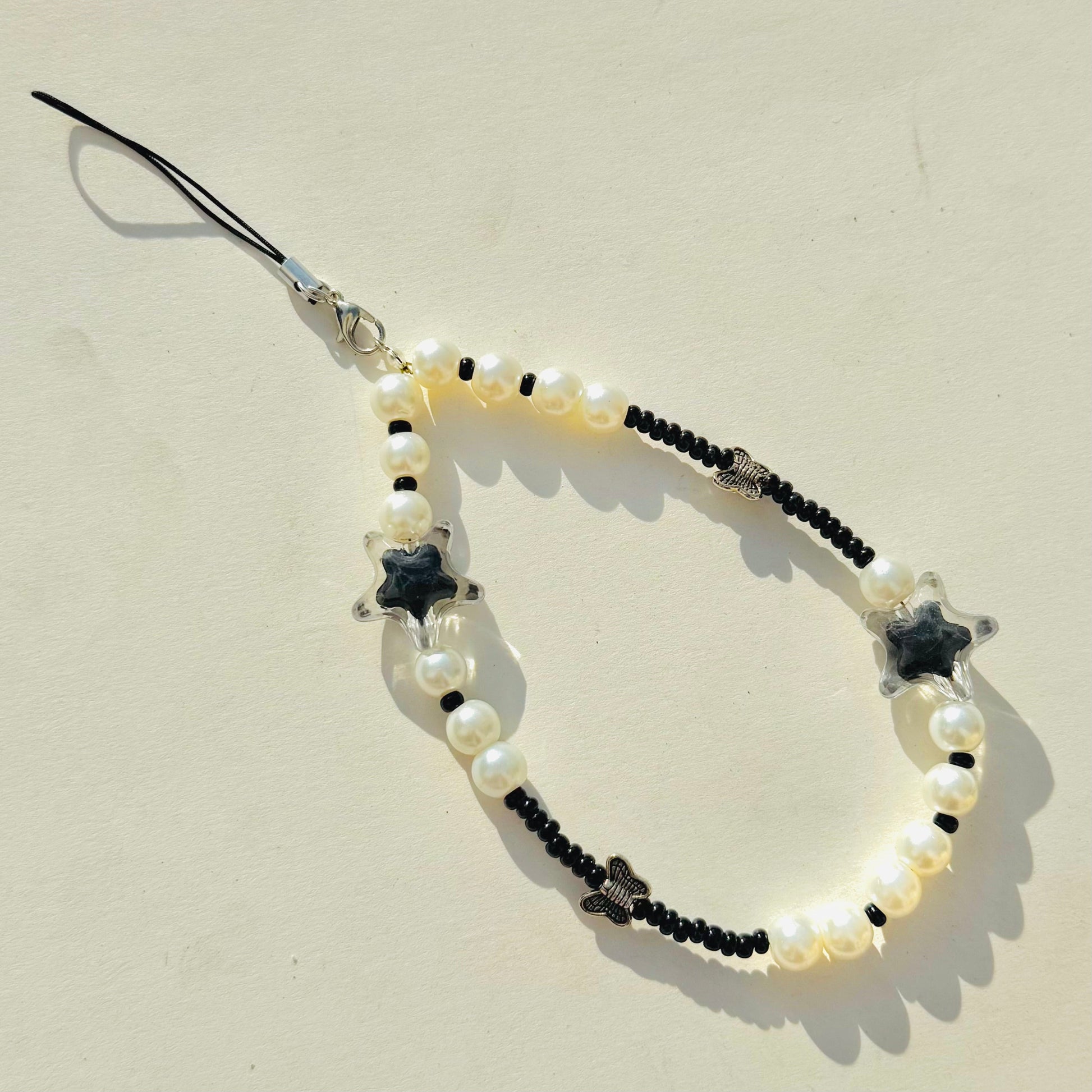 Cute Black Glass Stone Beads Phone Charm Strap With Star Charms - DropShp