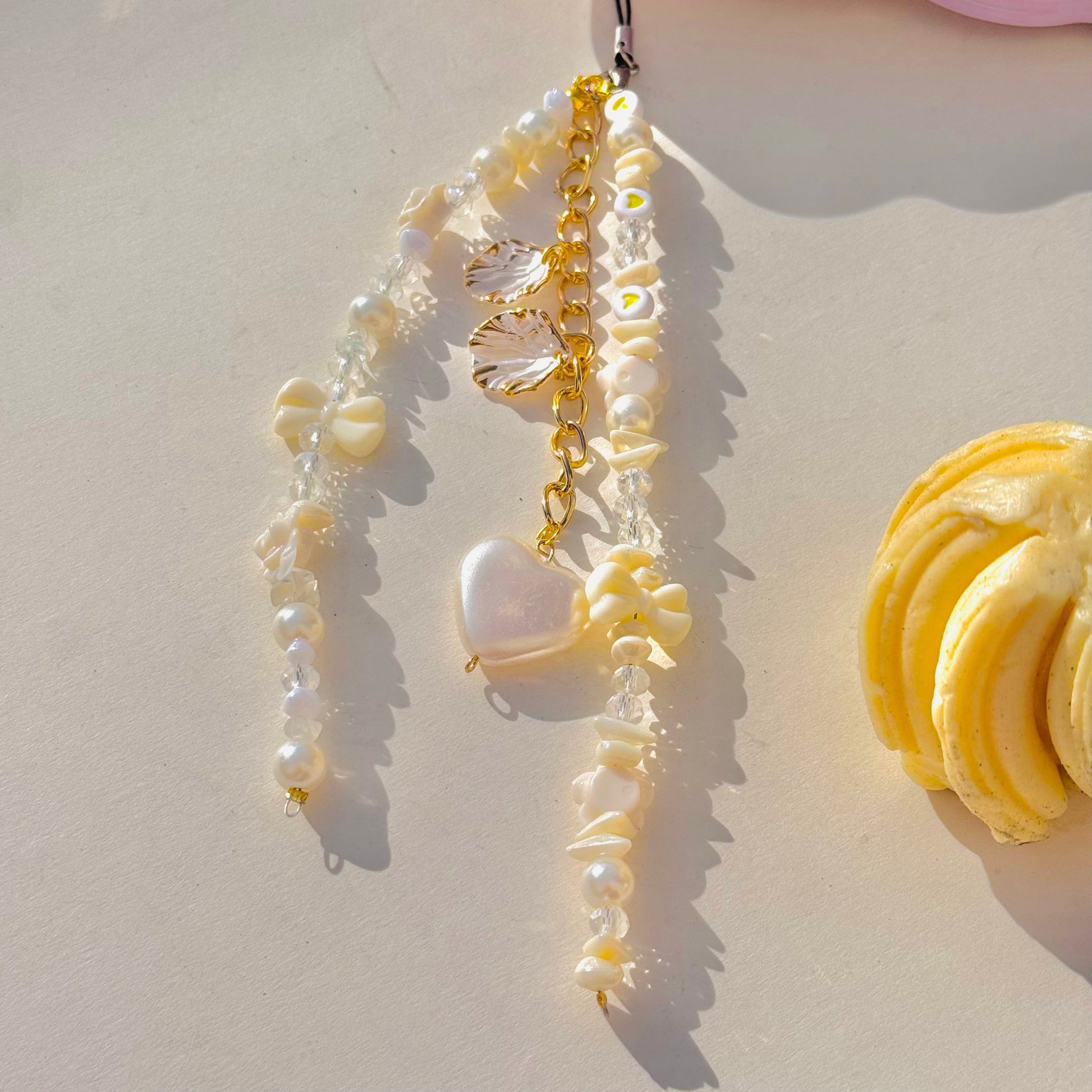 Cute Cream Glass Stone Beads Phone Charm Strap With Heart & Shell Charms - DropShp