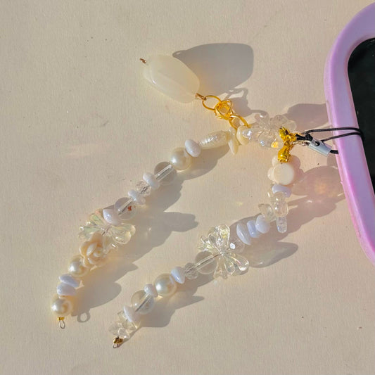 Cute White & Cream Glass Stone Beads Phone Charm Strap With Bow Charms - DropShp