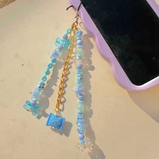 Cute Blue Glass Stone Beads Phone Charm Strap With Toffee Charm - DropShp