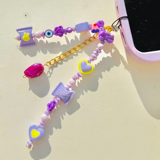 Cute Lavender Glass Stone Beads Phone Charm Strap With Stone Charm - DropShp