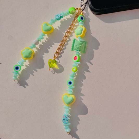 Cute Green Glass Stone Beads Phone Charm Strap With Heart Charm - DropShp