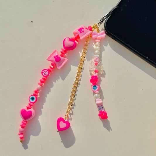 Cute Pink Glass Stone Beads Phone Charm Strap With Heart Charm - DropShp