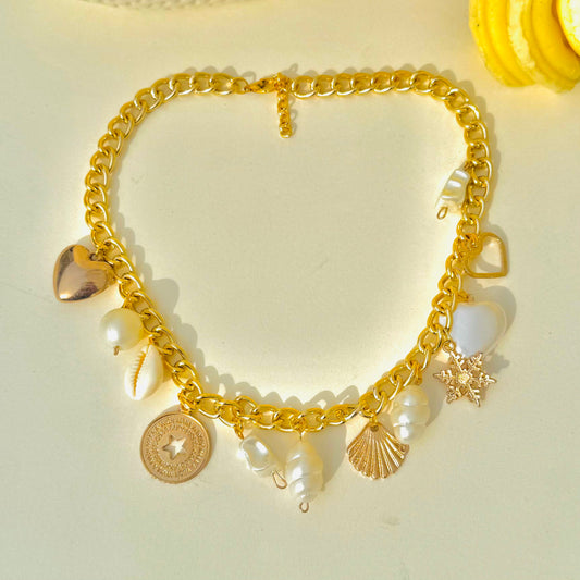 Gold Plated Alloy Anti Tarnish Boho Multi Hanging Charms & Stones Necklace For Women - DropShp