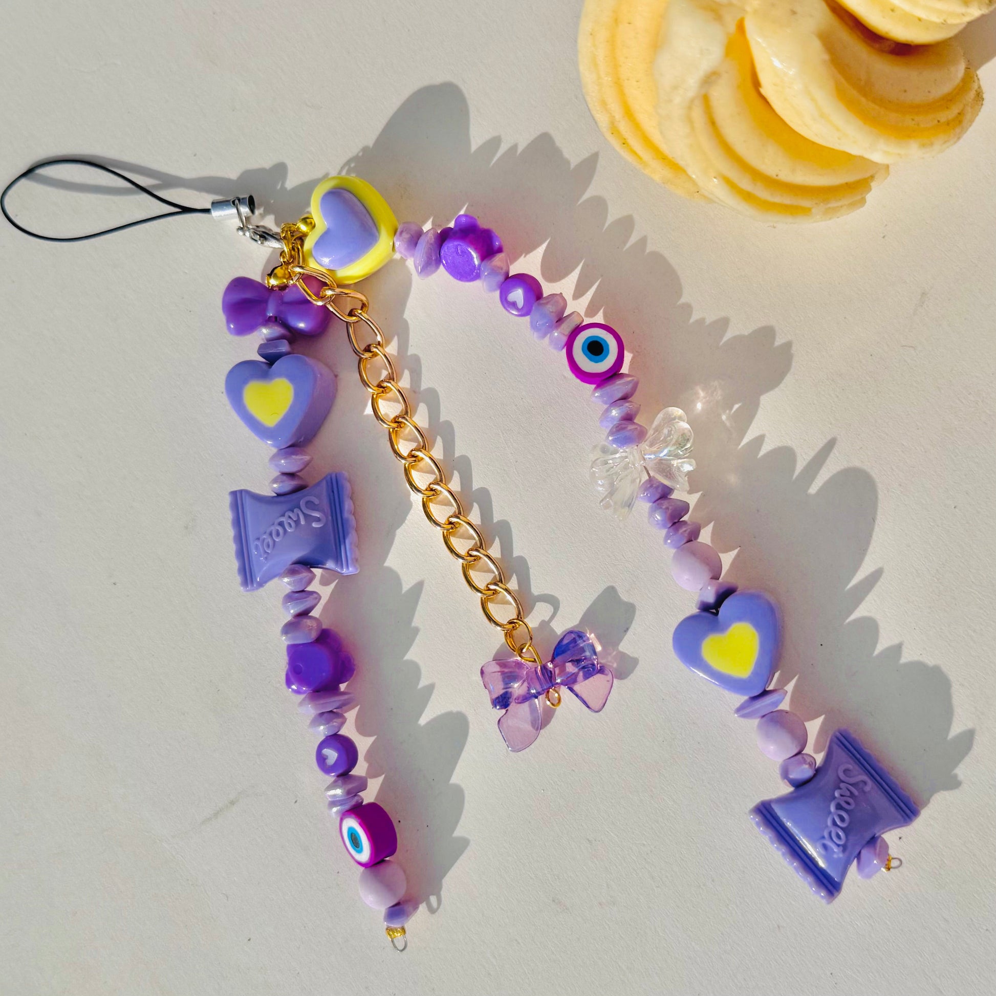 Cute Lavender Glass Stone Beads Phone Charm Strap With Heart & Toffee Charms - DropShp