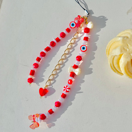 Cute Red Glass Stone Beads Phone Charm Strap With Evil Eye Charms - DropShp