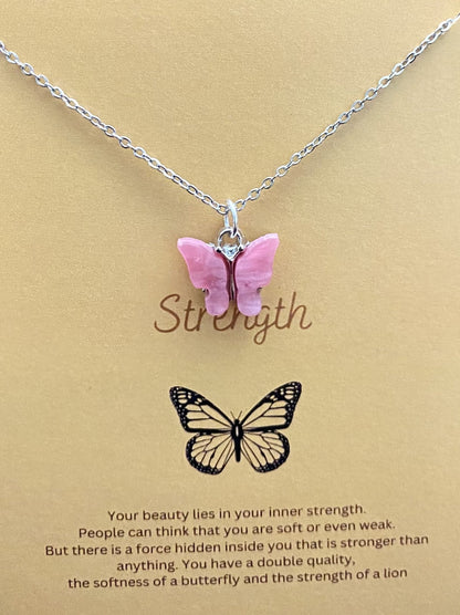 Dark Pink Acrylic Butterfly Necklace With Silver Stainless Steel Chain - DropShp