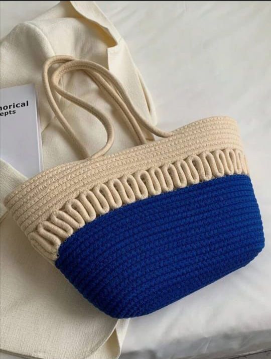 Women CUTE FANCY Bucket Bag Casual Woven Beach Handbag for Vacation (Blue)