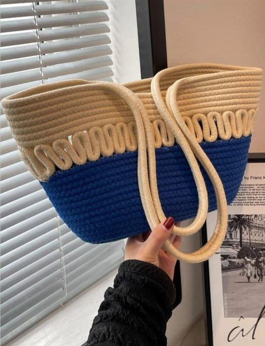Women CUTE FANCY Bucket Bag Casual Woven Beach Handbag for Vacation (Blue)
