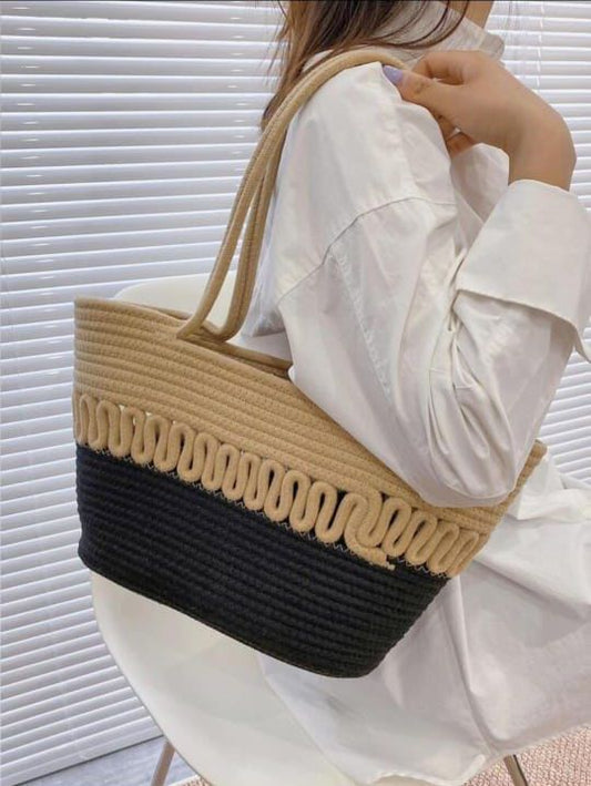 Women CUTE FANCY Bucket Bag Casual Woven Beach Handbag for Vacation (Black)