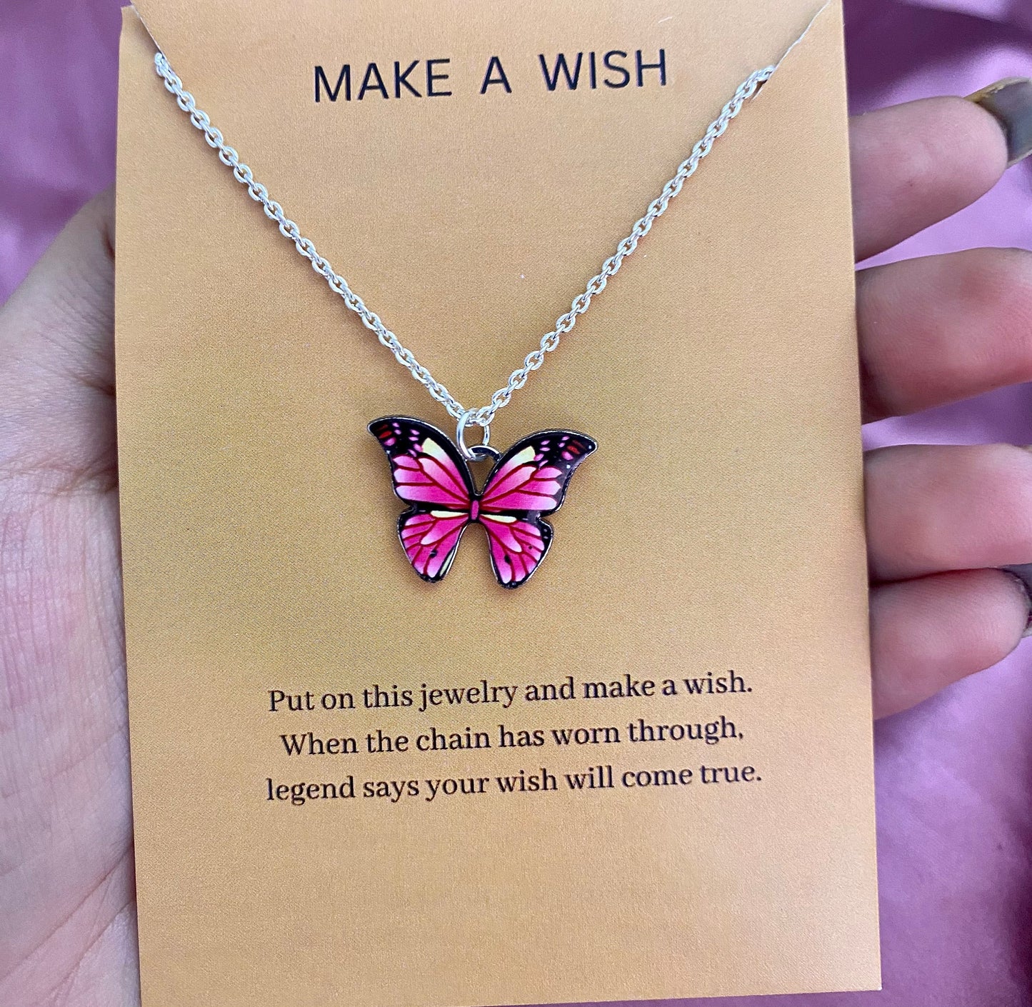 Waterproof Pink Black Butterfly Charm Necklace (Silver) - DropShp