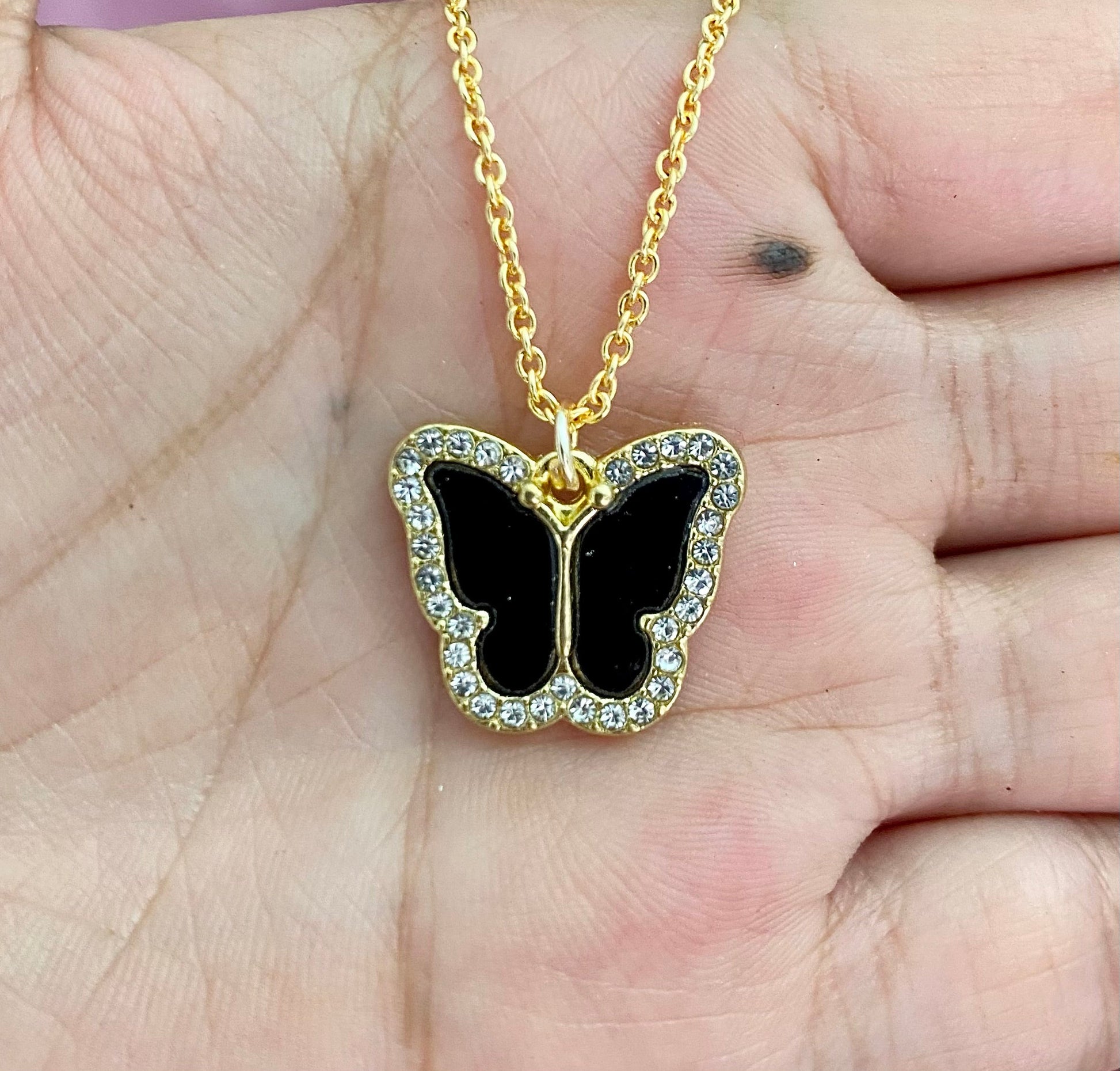 Waterproof Stone Studded Black Butterfly Necklace - DropShp