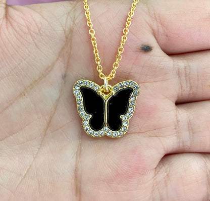 Waterproof Stone Studded Black Butterfly Necklace - DropShp