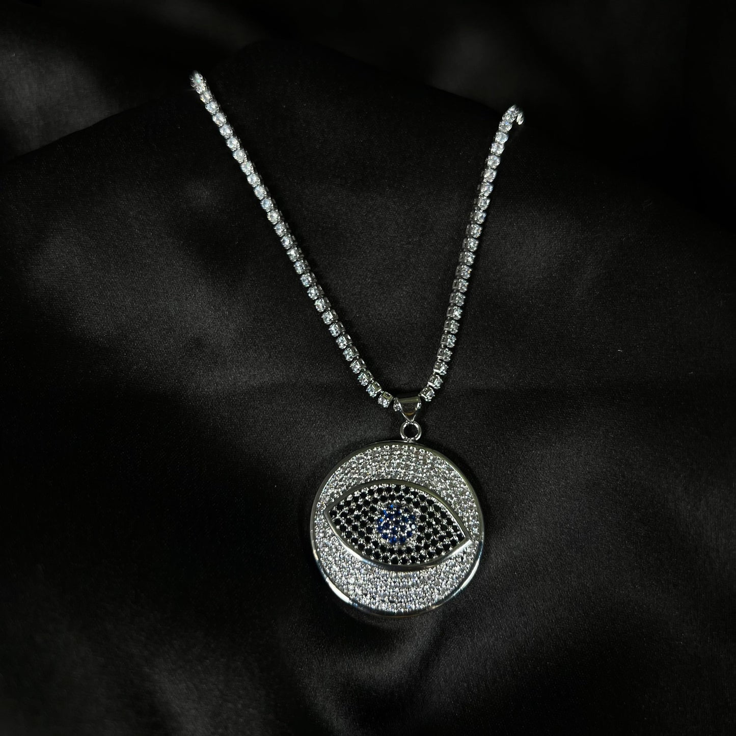 Evil Eye Iced Out Pendant Necklace With Stone Studded Copper Chain - DropShp