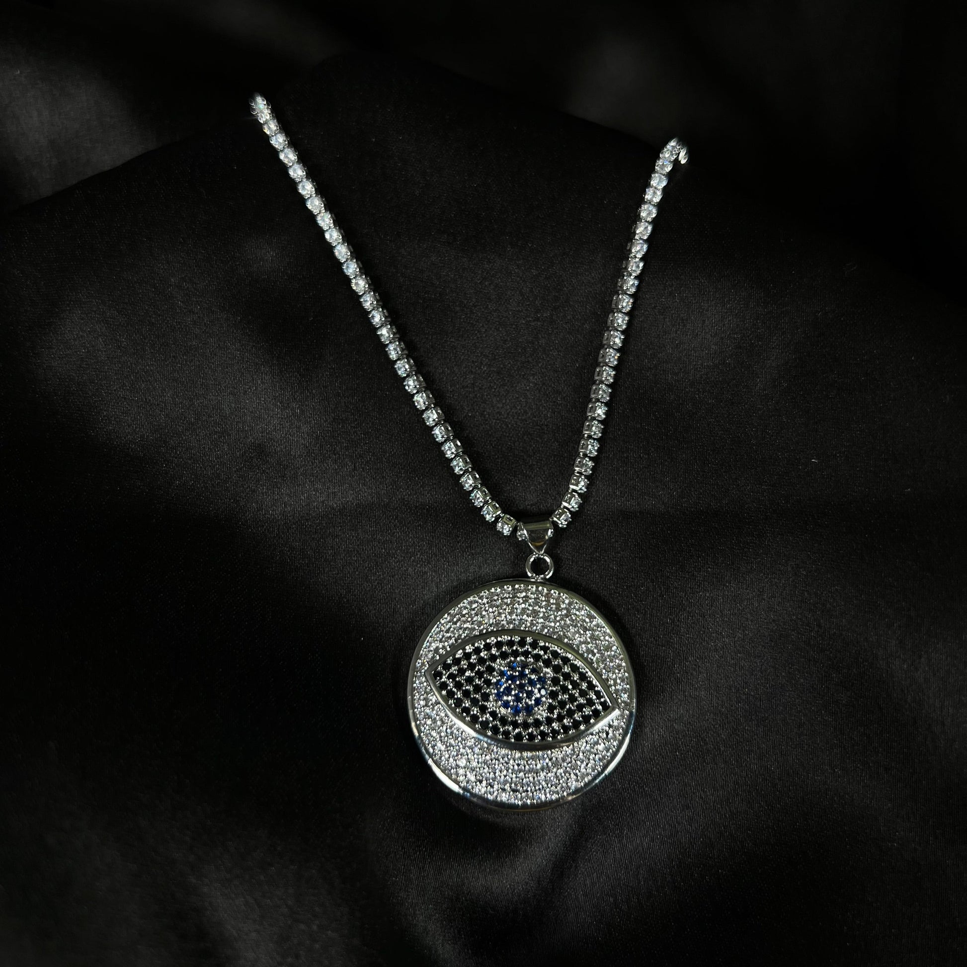 Evil Eye Iced Out Pendant Necklace With Stone Studded Copper Chain - DropShp