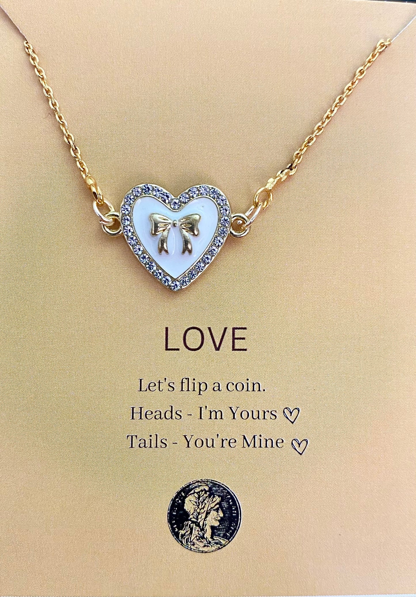 Waterproof Stone Studded White Heart With Bow Charm Necklace - DropShp