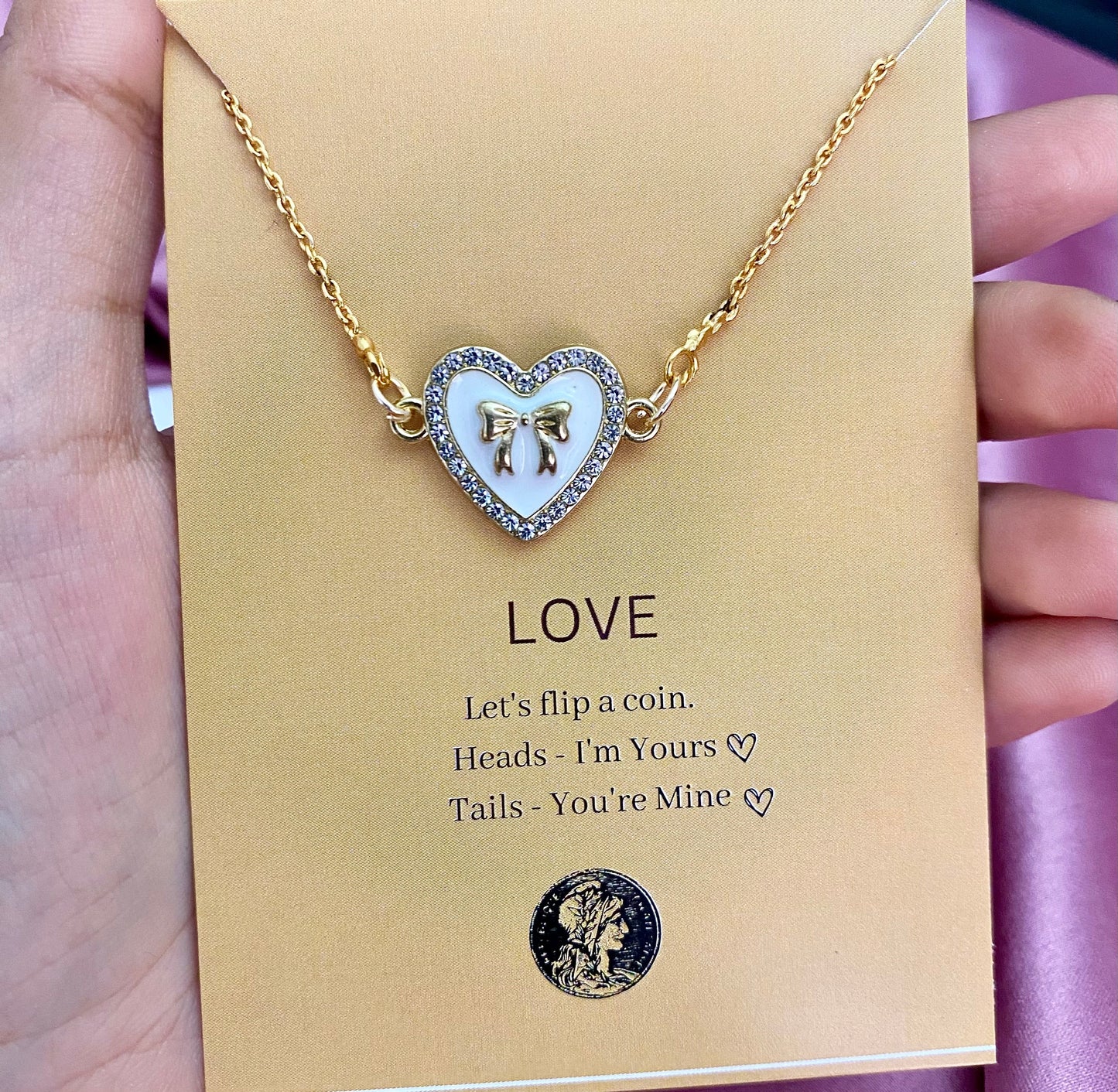 Waterproof Stone Studded White Heart With Bow Charm Necklace - DropShp