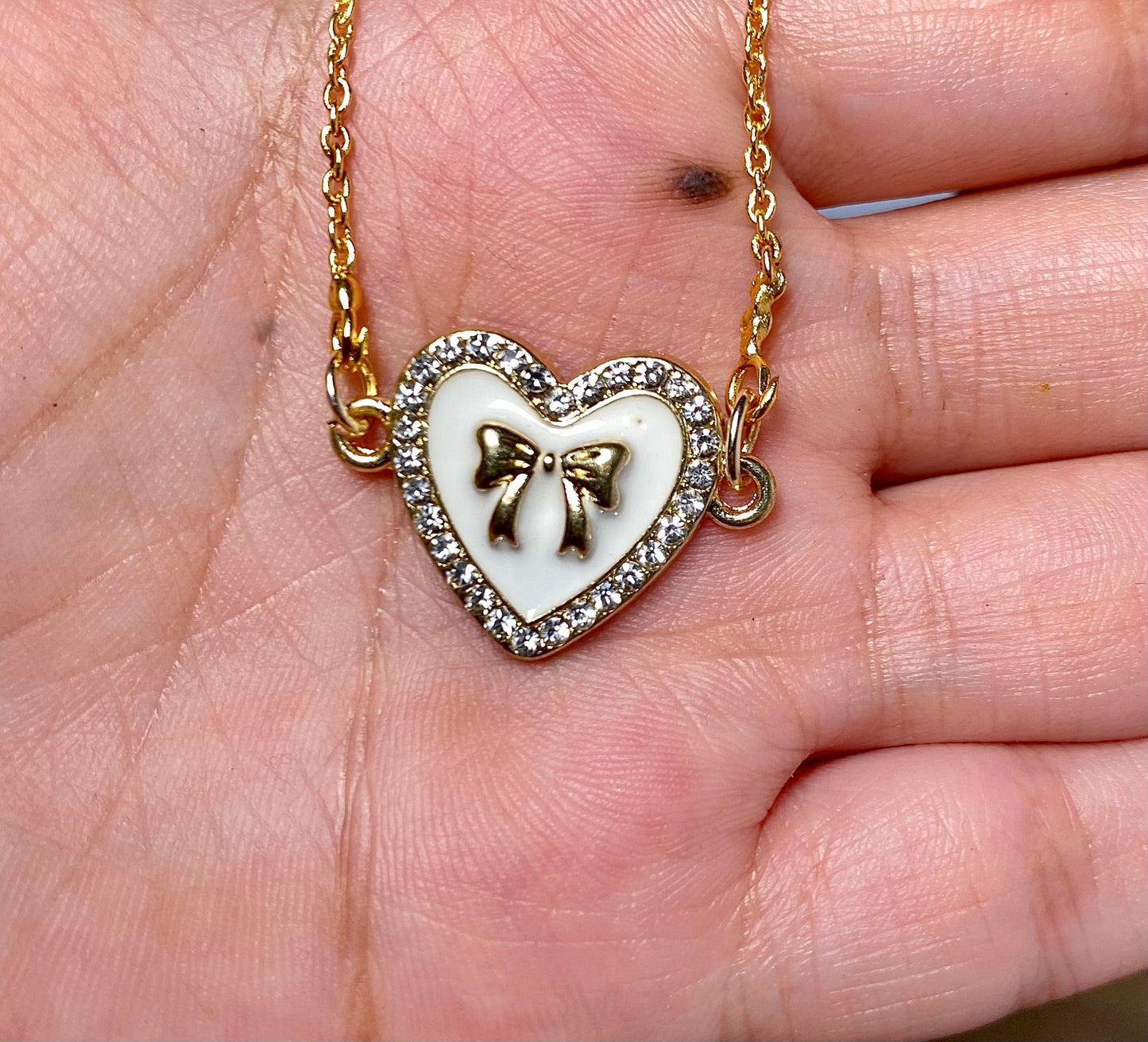 Waterproof Stone Studded White Heart With Bow Charm Necklace - DropShp