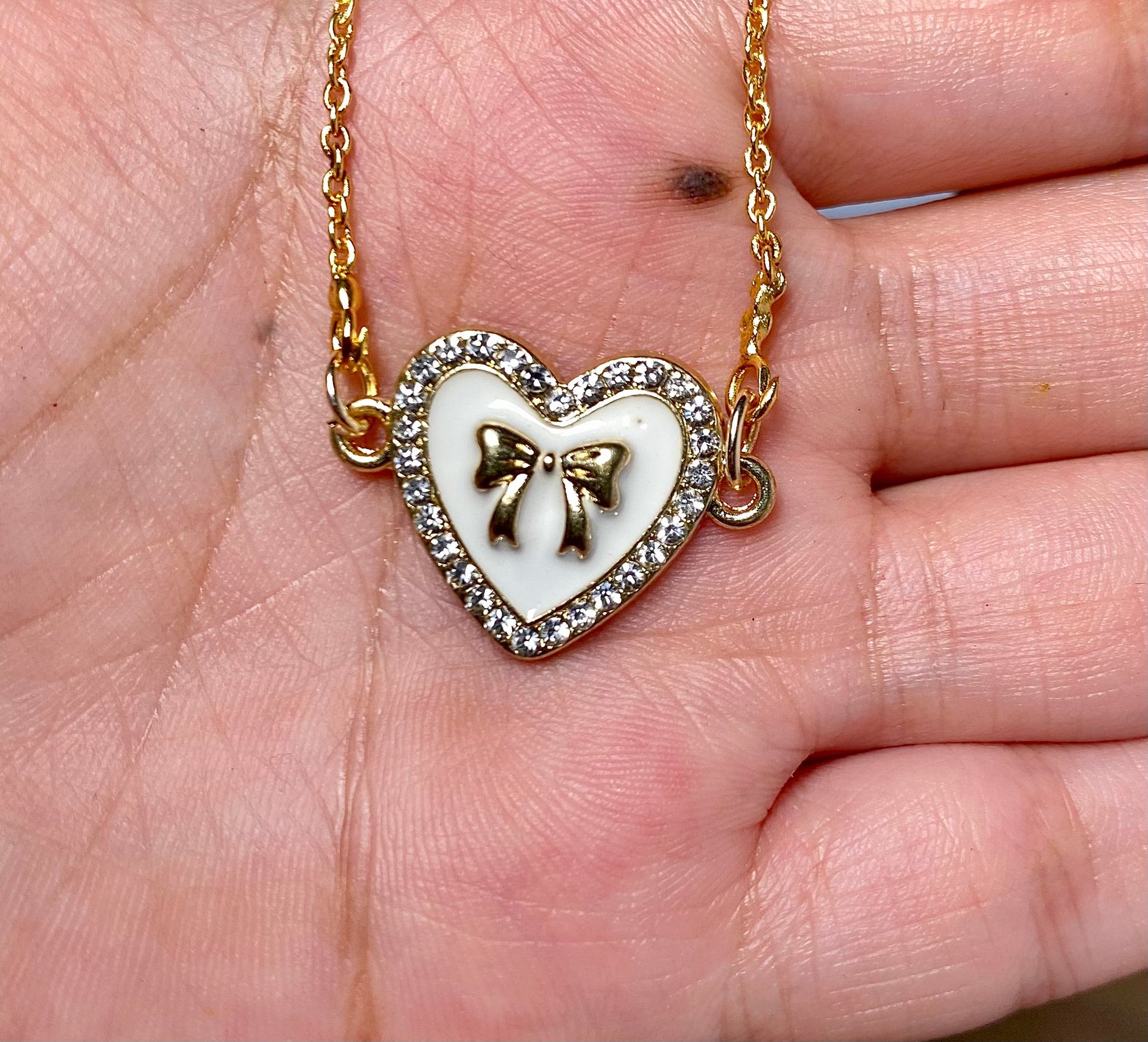 Waterproof Stone Studded White Heart With Bow Charm Necklace - DropShp