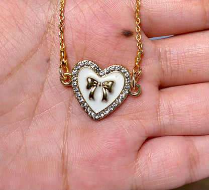Waterproof Stone Studded White Heart With Bow Charm Necklace - DropShp