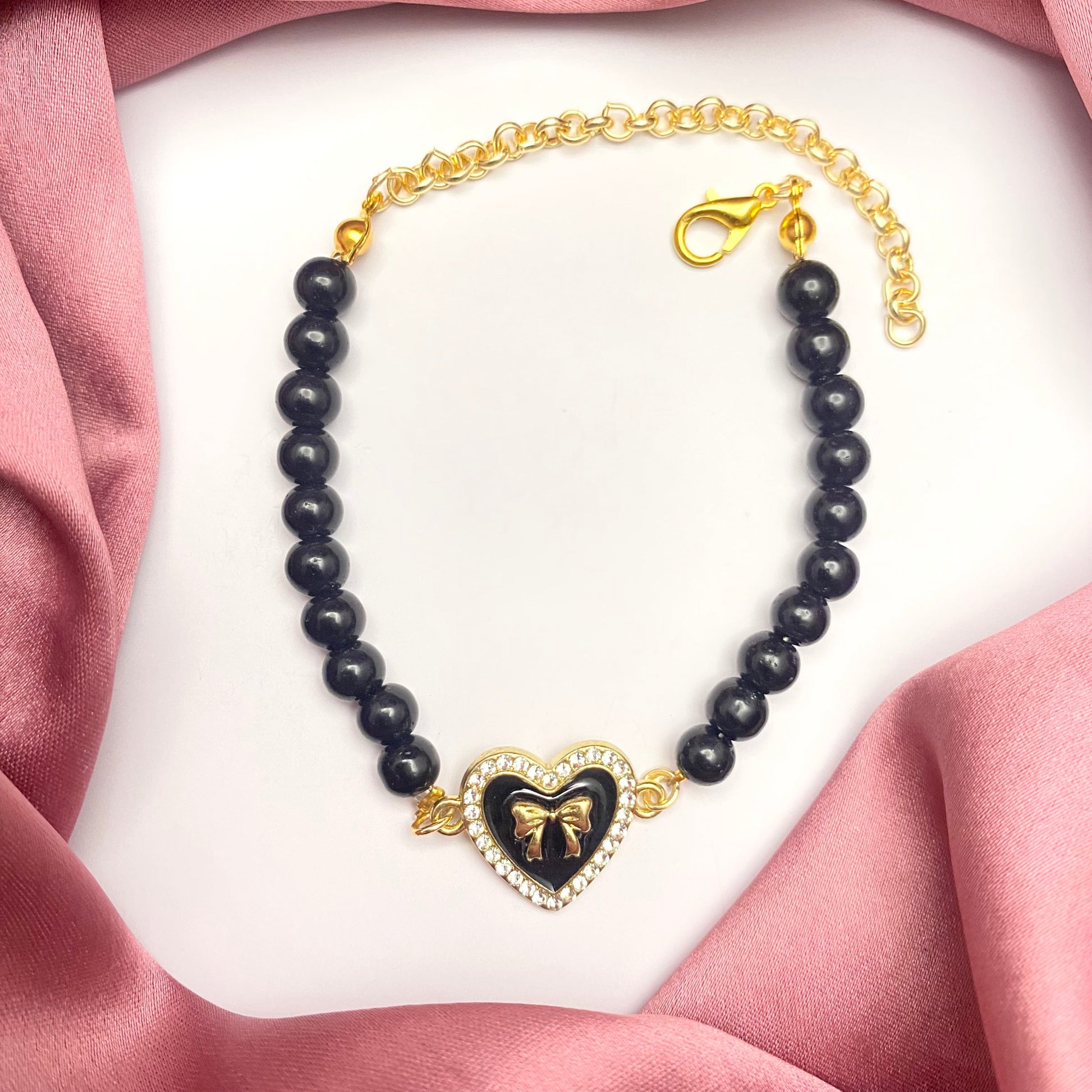 Black Bead Bracelet With Black Stone Studded Heart Charm - DropShp
