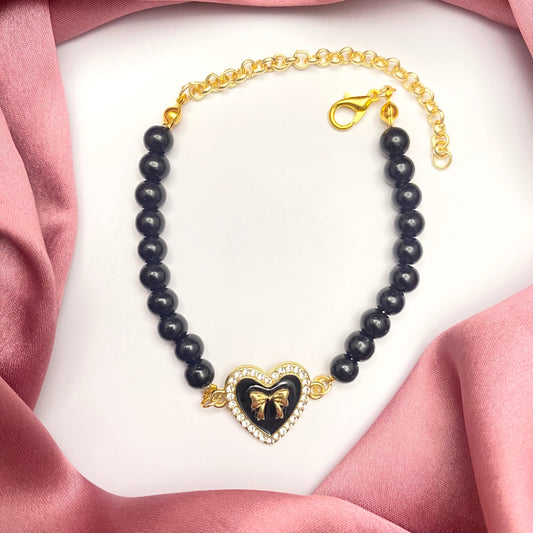 Black Bead Bracelet With Black Stone Studded Heart Charm - DropShp