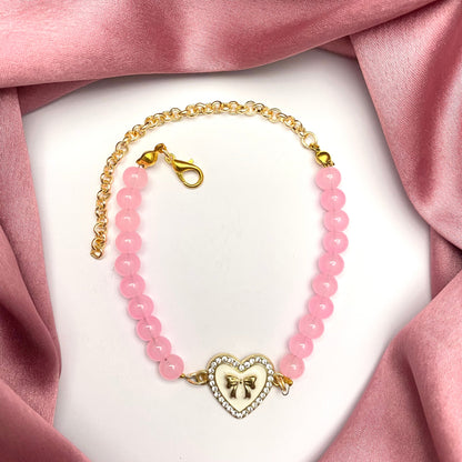 Pink Bead Bracelet With White Stone Studded Heart Charm - DropShp