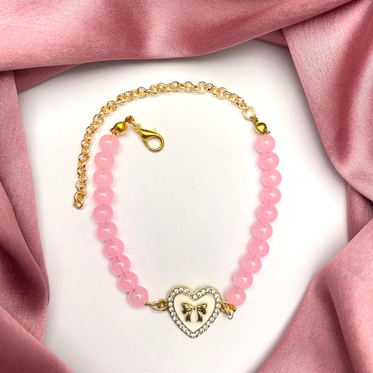 Pink Bead Bracelet With White Stone Studded Heart Charm - DropShp