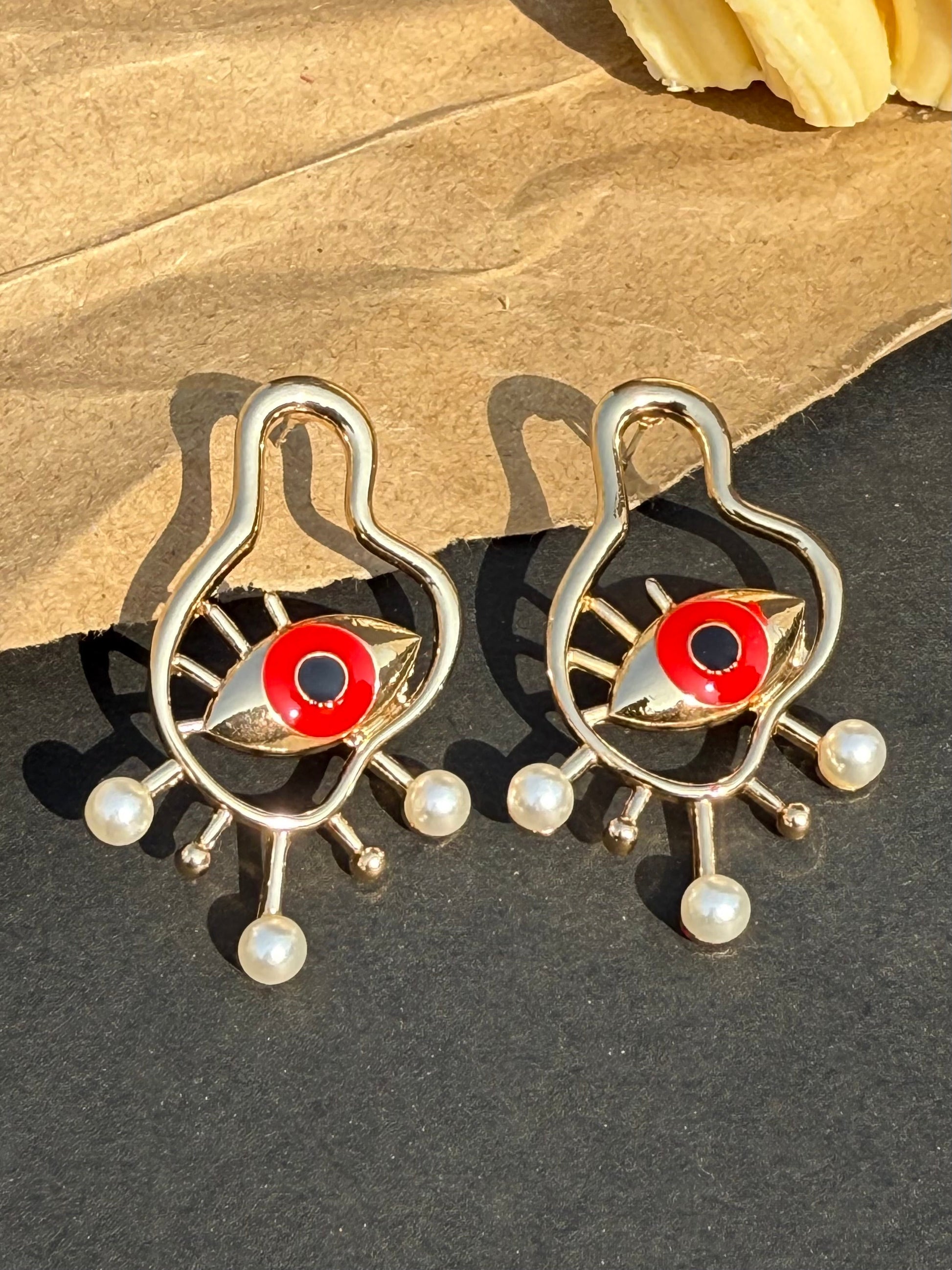 Golden Big Evil Eye Stud Earrings With Pearl - DropShp