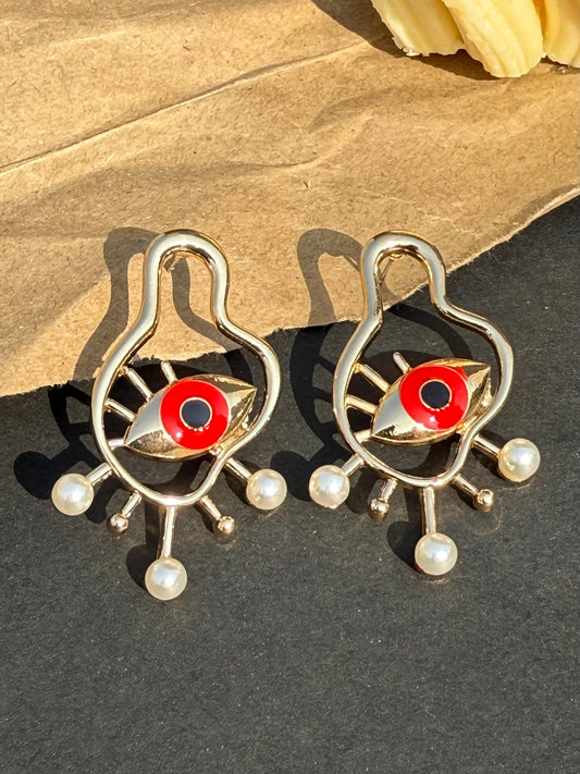 Golden Big Evil Eye Stud Earrings With Pearl - DropShp