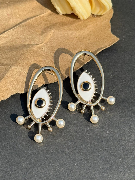 Silver Big Evil Eye Stud Earrings With Pearl - DropShp