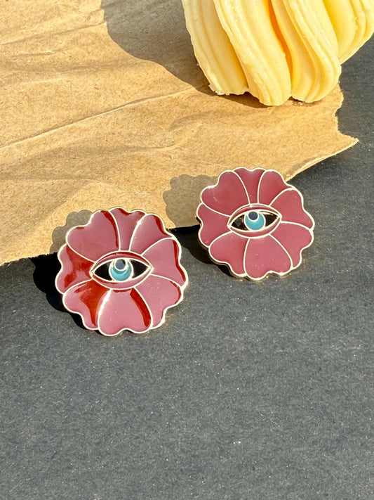 Golden Maroon Evil Eye Flower Stud Earrings for Women - DropShp