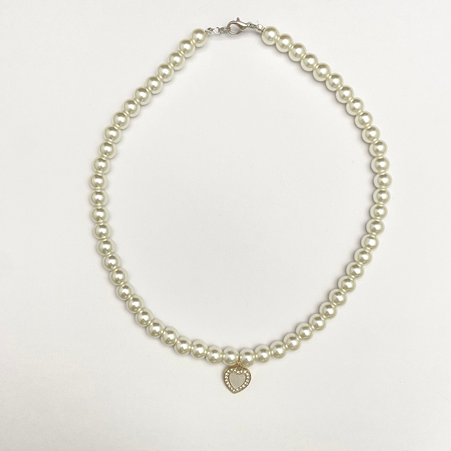 Cute Elegant 8mm Pearl Necklace With Stone Studded White Heart Charm - DropShp