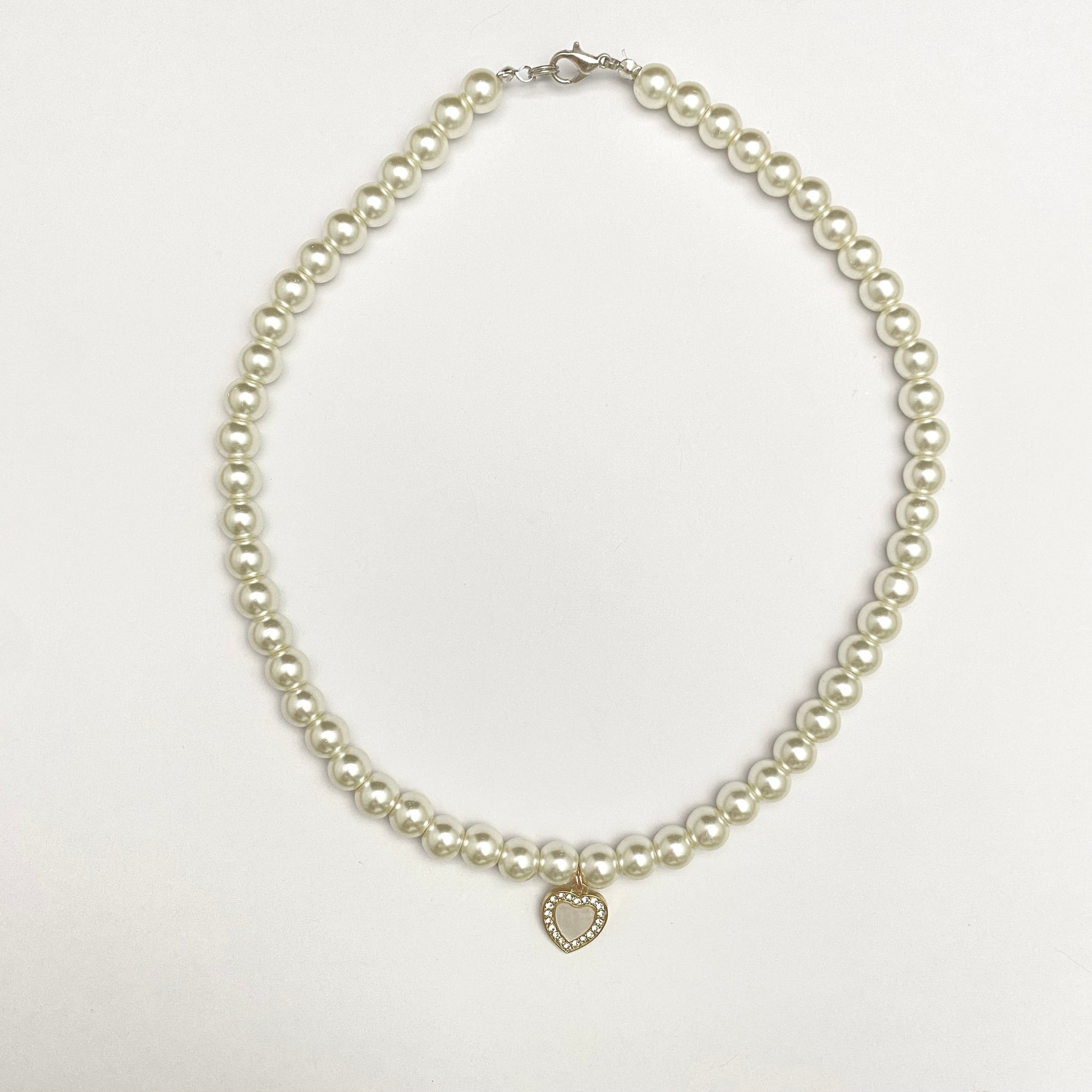 Cute Elegant 8mm Pearl Necklace With Stone Studded White Heart Charm - DropShp
