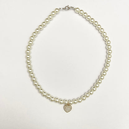 Cute Elegant 8mm Pearl Necklace With Stone Studded White Heart Charm - DropShp