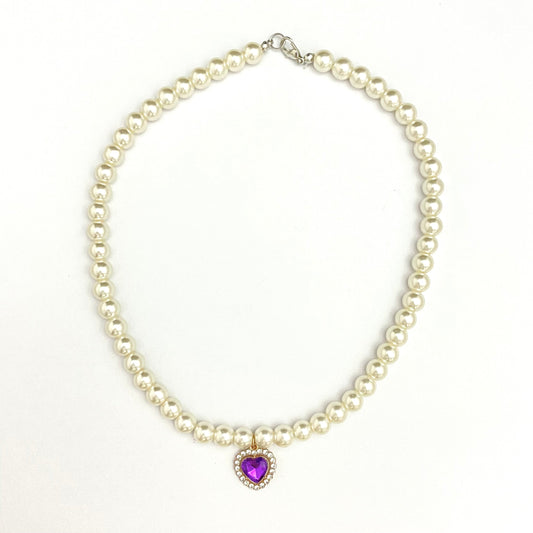 Cute Elegant 8mm Pearl Necklace With Stone Studded purple Heart Charm - DropShp