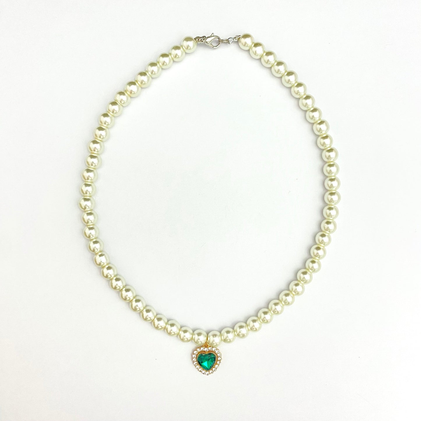 Cute Elegant 8mm Pearl Necklace With Stone Studded Green Heart Charm - DropShp
