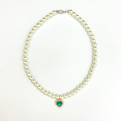 Cute Elegant 8mm Pearl Necklace With Stone Studded Green Heart Charm - DropShp