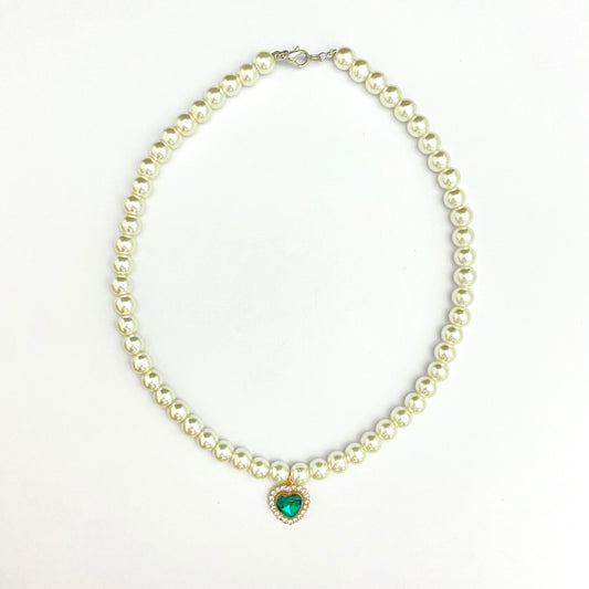 Cute Elegant 8mm Pearl Necklace With Stone Studded Green Heart Charm - DropShp