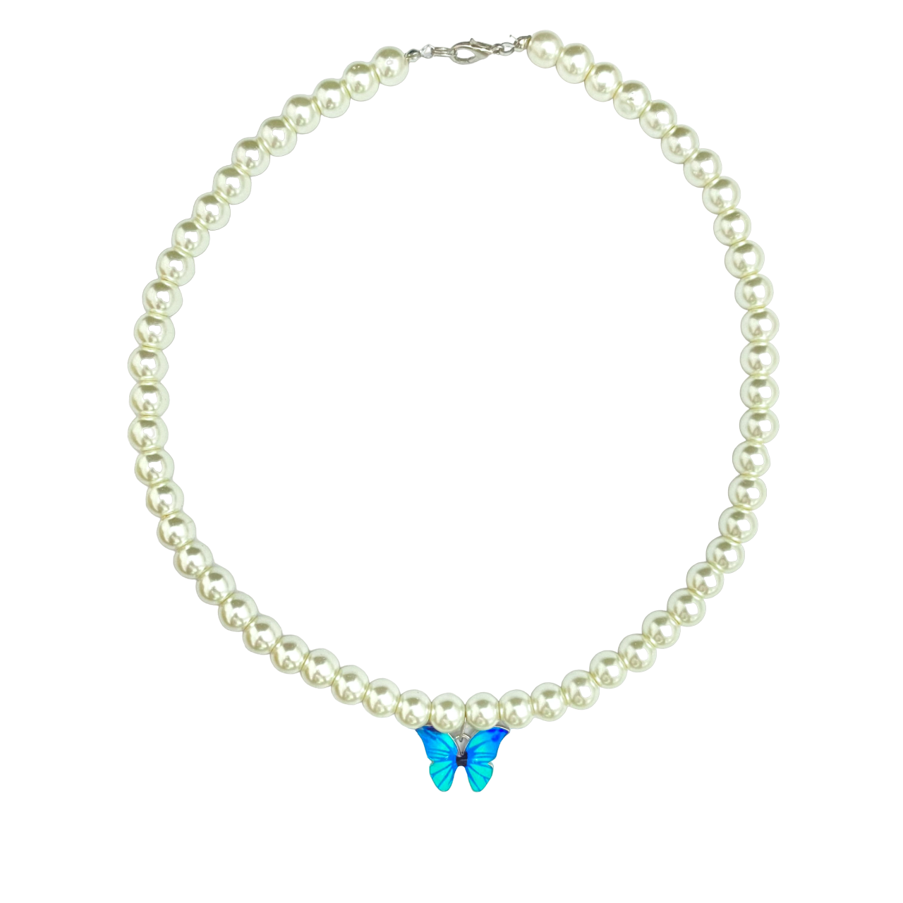 Cute Elegant 8mm Pearl Necklace With Blue Butterfly Charm - DropShp