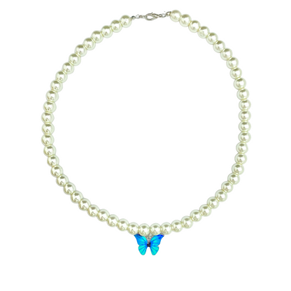 Cute Elegant 8mm Pearl Necklace With Blue Butterfly Charm - DropShp