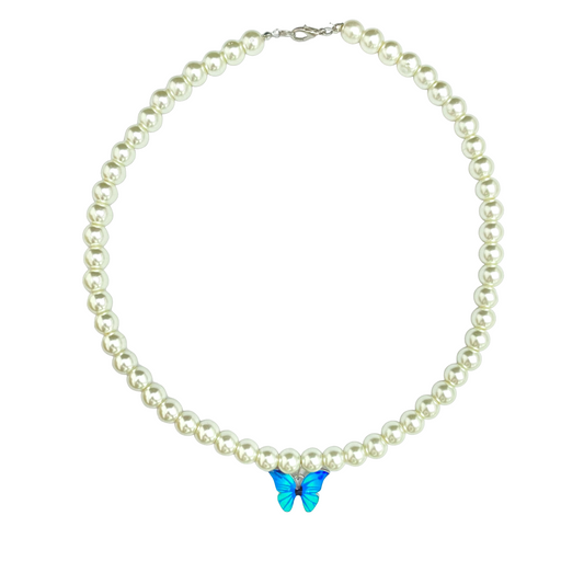 Cute Elegant 8mm Pearl Necklace With Blue Butterfly Charm - DropShp