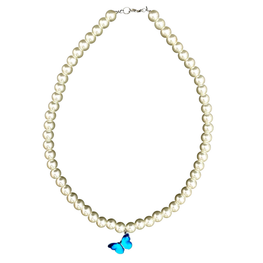 Cute Elegant 8mm Pearl Necklace With Blue Butterfly Charm - DropShp