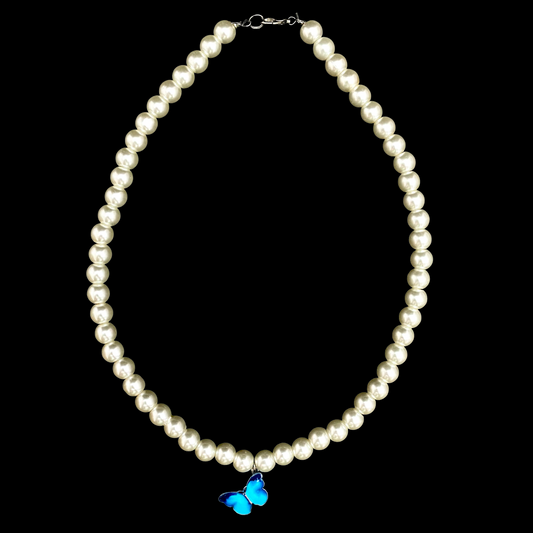 Cute Elegant 8mm Pearl Necklace With Blue Butterfly Charm - DropShp