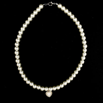 Cute Elegant 8mm Pearl Necklace With Stone Studded White Heart Charm - DropShp
