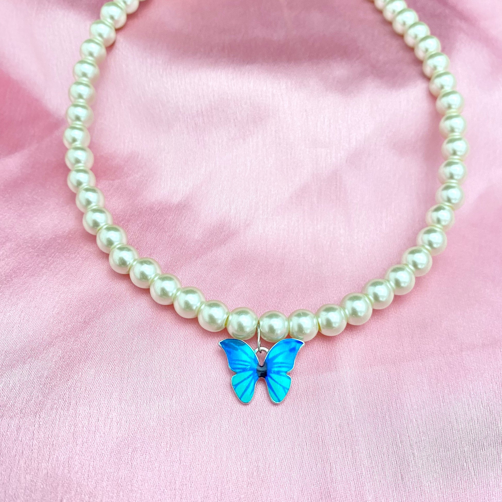 Cute Elegant 8mm Pearl Necklace With Blue Butterfly Charm - DropShp
